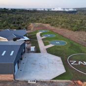 Helicopter taking off from Zambezi Helicopter Company’s new aviation hub in Chinotimba, Victoria Falls.